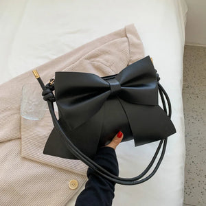Solid Leather Bow Flap Women's Crossbody Handbag