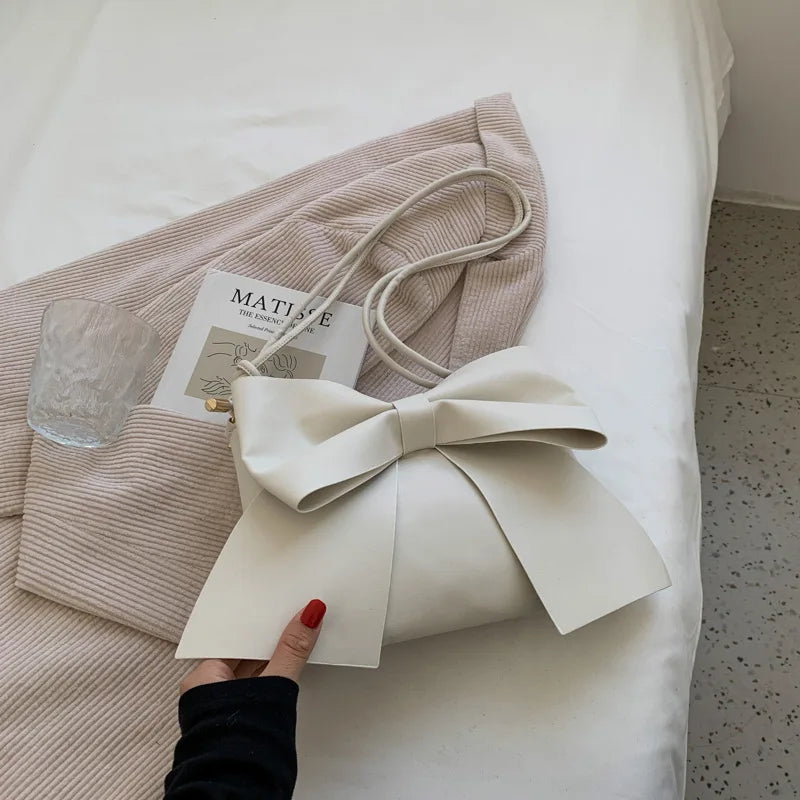 Solid Leather Bow Flap Women's Crossbody Handbag