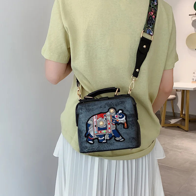 Vintage Embroidery Elephant Bag Pu Leather Handbag
