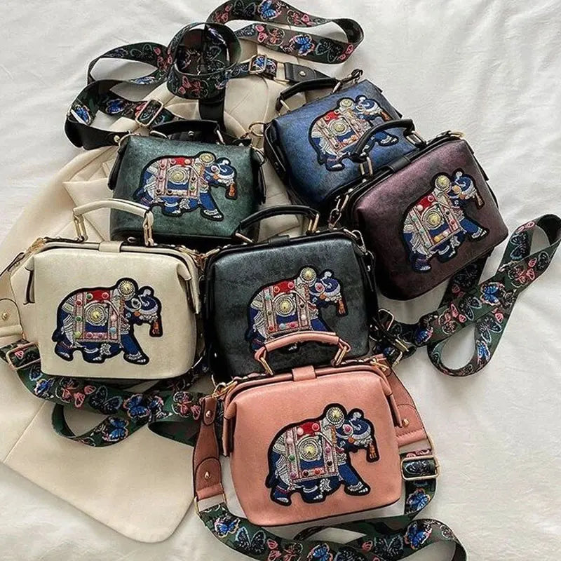 Vintage Embroidery Elephant Bag Pu Leather Handbag