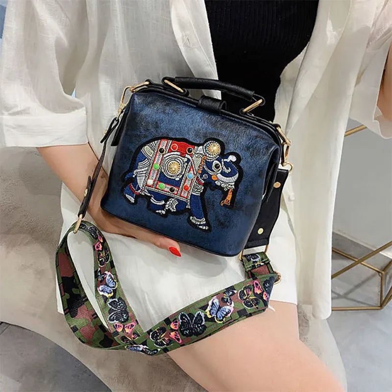 Vintage Embroidery Elephant Bag Pu Leather Handbag