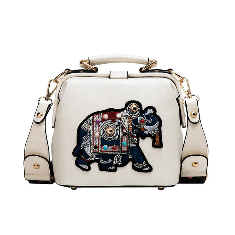 Vintage Embroidery Elephant Bag Pu Leather Handbag