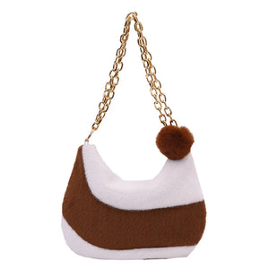 Women's Plush Shoulder Bag with Chain Strap