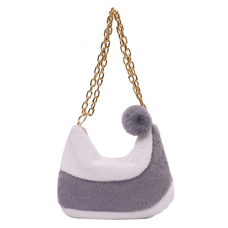 Women's Plush Shoulder Bag with Chain Strap
