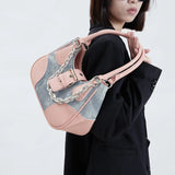 Women's Chain Crossbody Bag Half Moon Tote Winter PU Denim Handbag