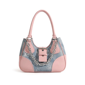 Women's Chain Crossbody Bag Half Moon Tote Winter PU Denim Handbag