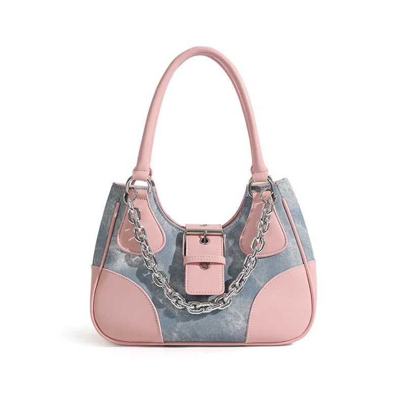 Women's Chain Crossbody Bag Half Moon Tote Winter PU Denim Handbag