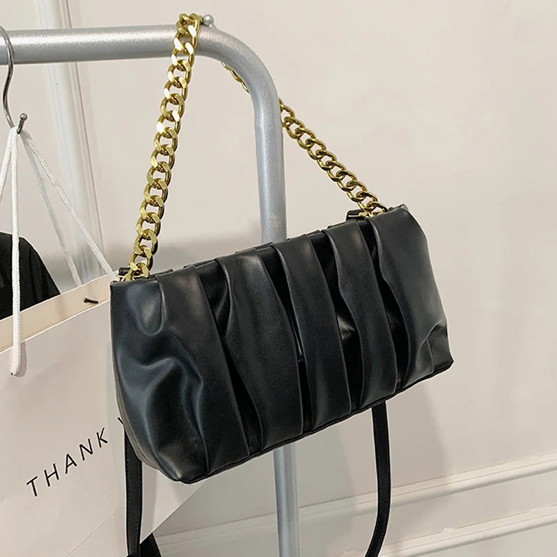 Pleated Chain Shoulder Bag High PU Leather Crossbody Female