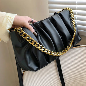 Pleated Chain Shoulder Bag High PU Leather Crossbody Female