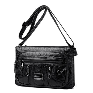 Pleated Leather Shoulder Bag Large Capacity Multilayer Crossbody