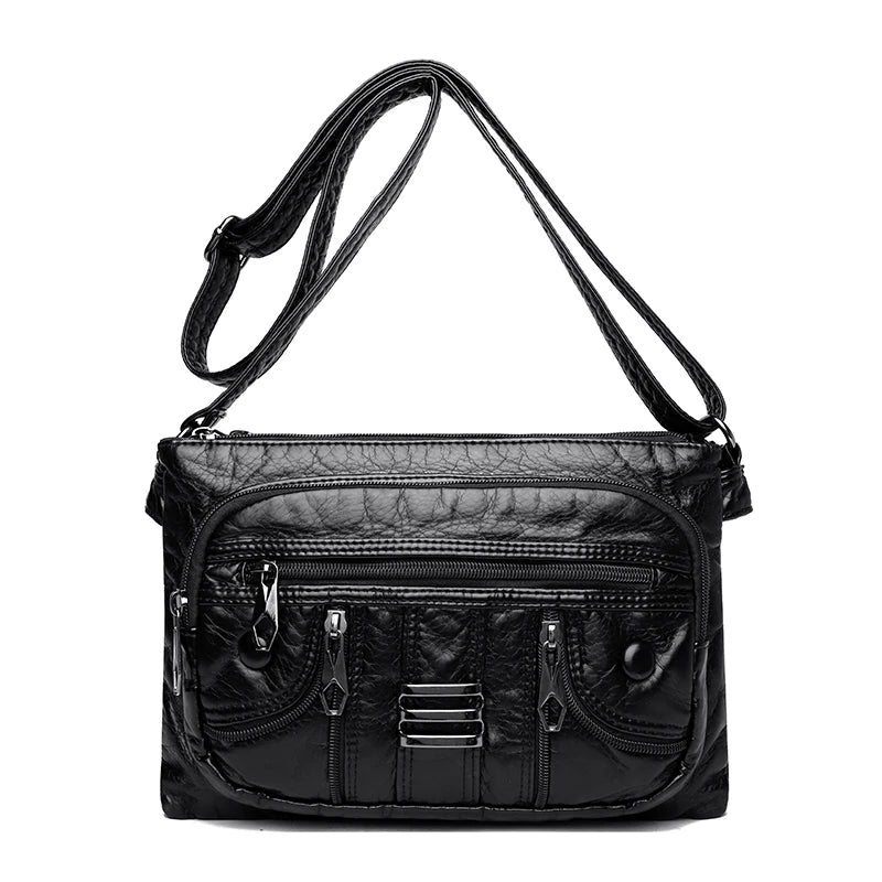 Pleated Leather Shoulder Bag Large Capacity Multilayer Crossbody