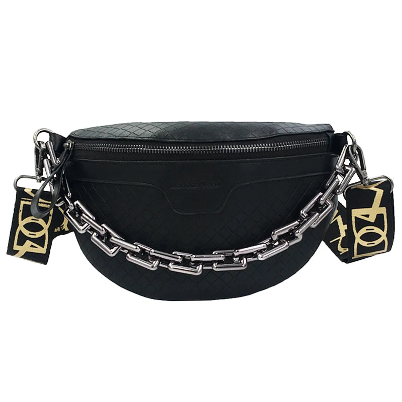Thick Chain Plaid Leather Fanny Pack Waist Shoulder Crossbody Bag