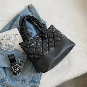 Women's Quilted Down Fabric Bucket Bag Shoulder Crossbody Handbag