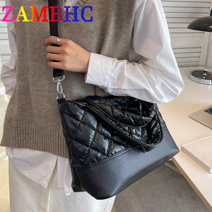 Women's Quilted Down Fabric Bucket Bag Shoulder Crossbody Handbag