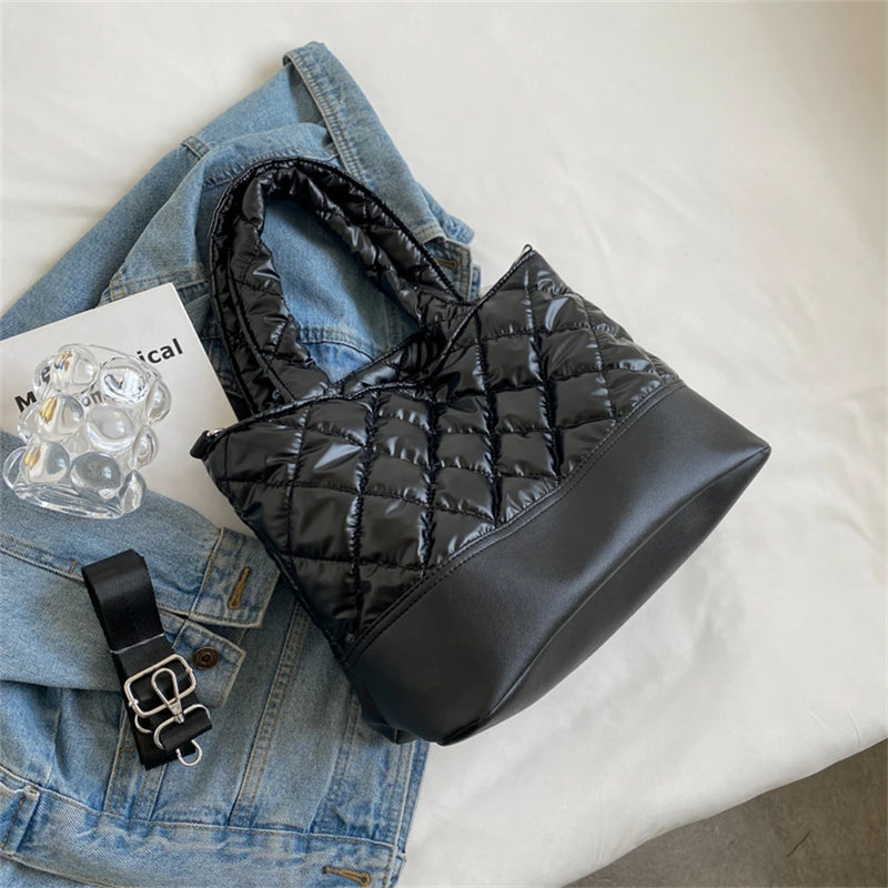 Women's Quilted Down Fabric Bucket Bag Shoulder Crossbody Handbag