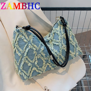 Women's Denim Shoulder Bag Plaid Lady Travel Handbag