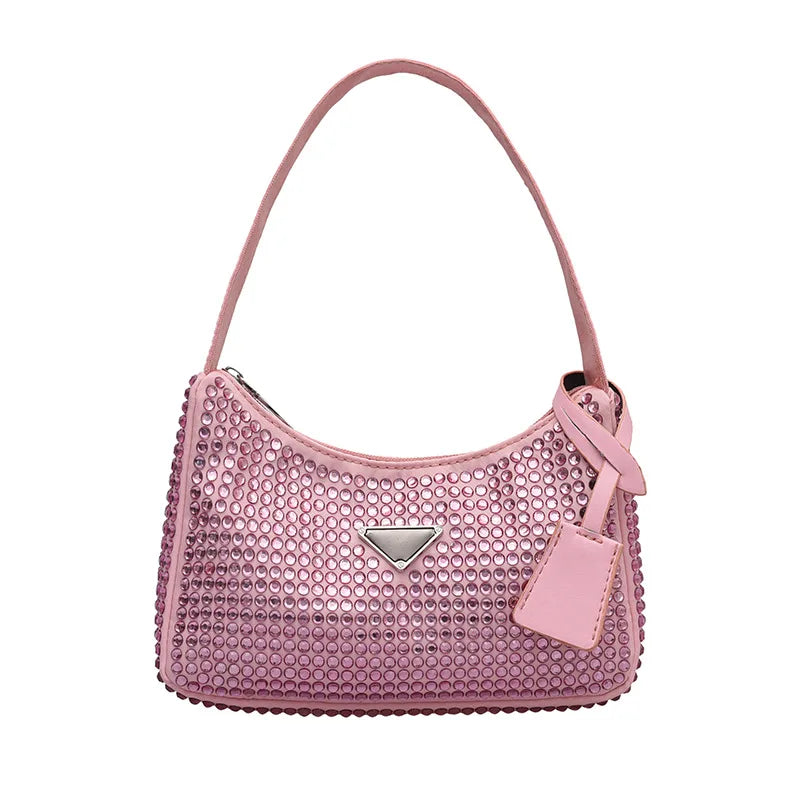 Diamond Nylon Shoulder Tote Bags For Women Small Solid Zipper Handbag