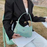 Diamond Nylon Shoulder Tote Bags For Women Small Solid Zipper Handbag
