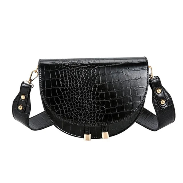 Crocodile Semicircle Saddle Bag Women Crossbody Soft Leather Shoulder Handbag
