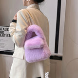 Purple Faux Fur Plush Shoulder Bag with Chain Crossbody Strap