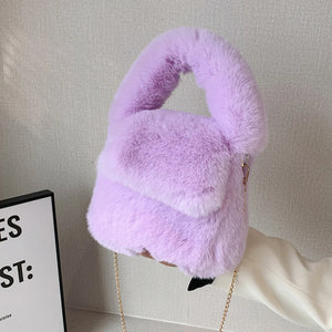 Purple Faux Fur Plush Shoulder Bag with Chain Crossbody Strap
