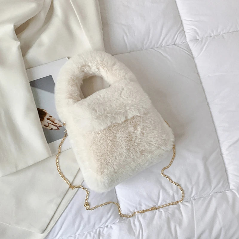 Purple Faux Fur Plush Shoulder Bag with Chain Crossbody Strap