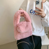 Purple Faux Fur Plush Shoulder Bag with Chain Crossbody Strap