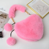 Faux Fur Heart-shaped Small Handbags Fluffy Plush Chain Shoulder Bag