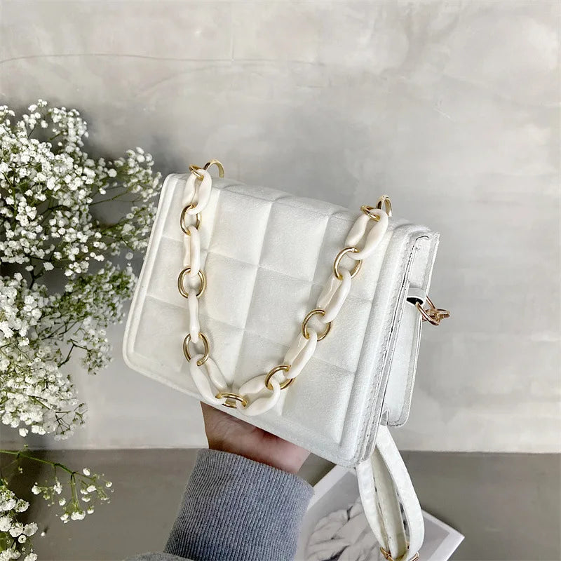 Flannel Crossbody Bag Women Chain Handbag Solid Square Shoulder Bag Female Purse