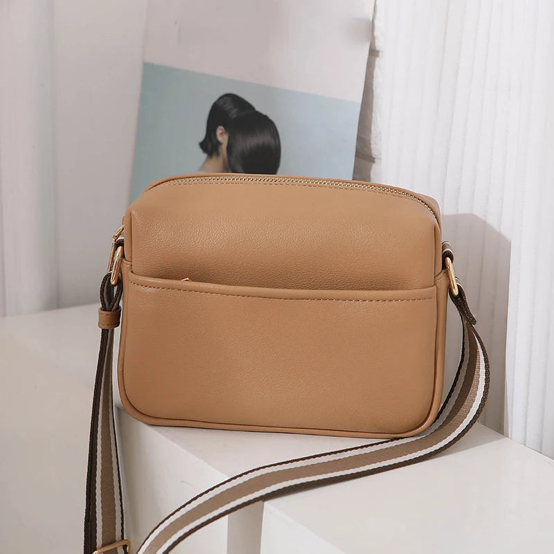 Small Square Flap Bag PU Leather Shoulder Crossbody Casual Wide Strap Purse