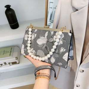 Flower Jacquard Cloth Frame Evening Bag Beaded Chain Shoulder Crossbody