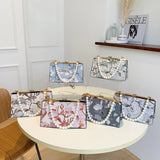 Flower Jacquard Cloth Frame Evening Bag Beaded Chain Shoulder Crossbody