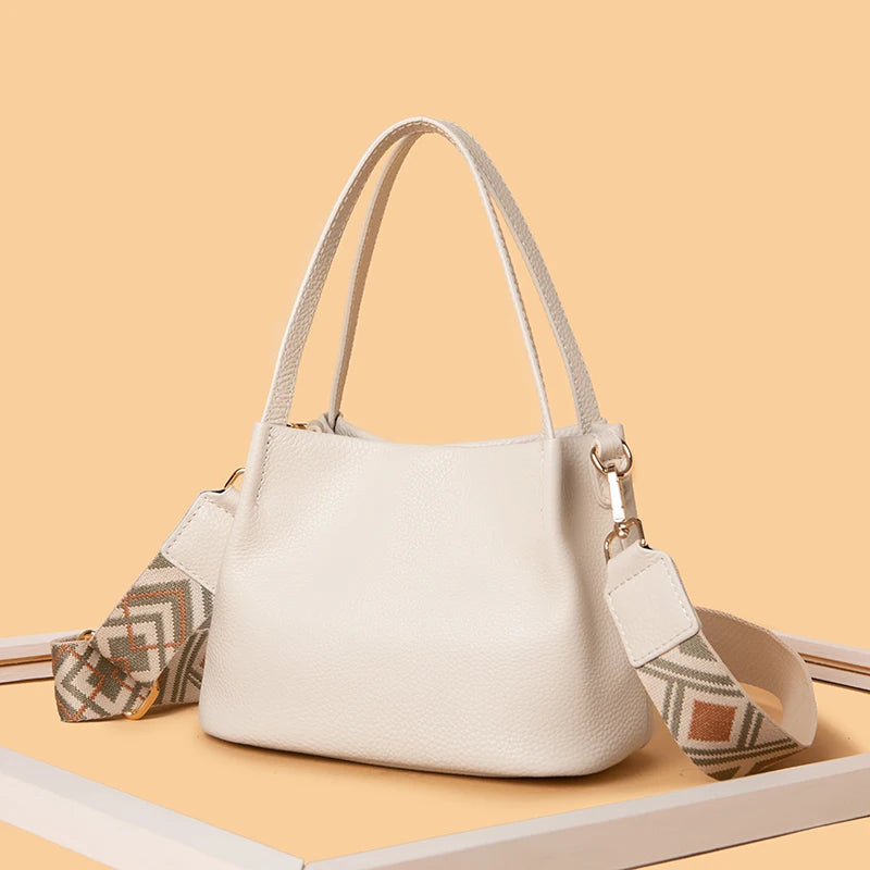 Cowhide Crossbody Bag Wide Straps Ladies Handbag