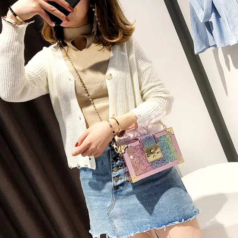Gradient Mini Messenger Bag Women Vintage With Chain Metal Buckle Handbag