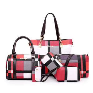 Women Plaid Handbag Set 6 PCS Shoulder Bag Crossbody Travel Shopping Ladies