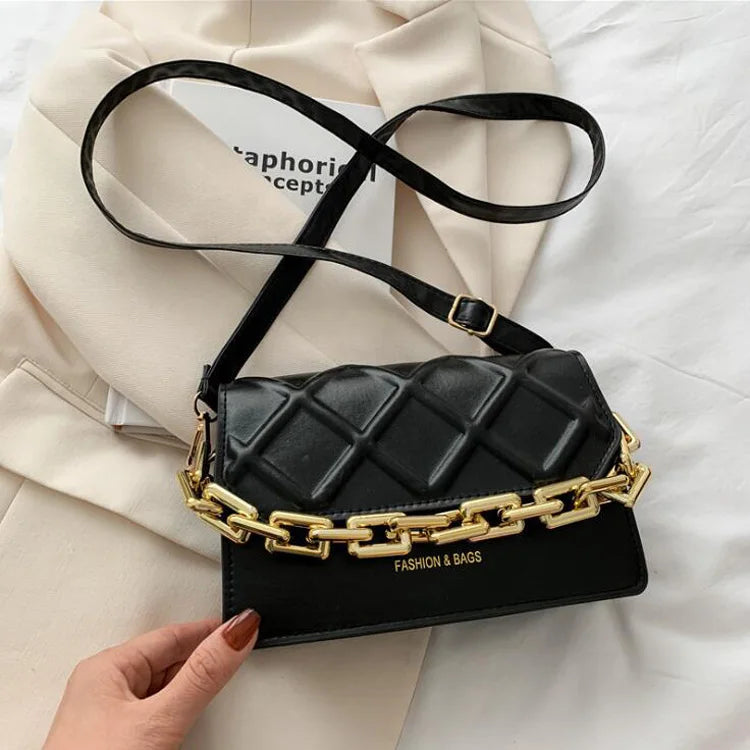 Plaid PU Leather Women Shoulder Bag with Thick Chain