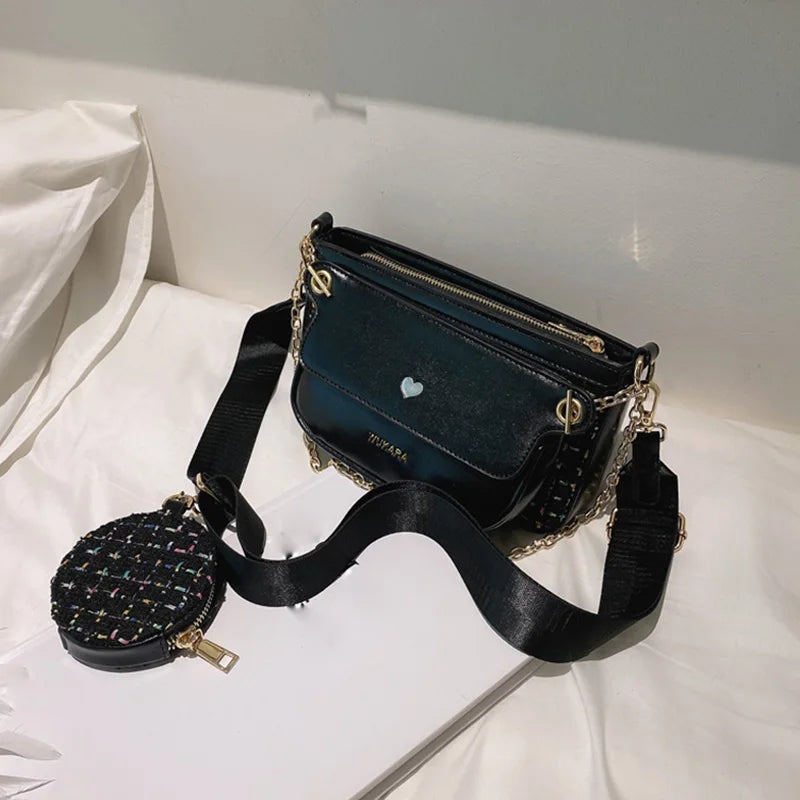 Heart Bag Women 3pcs Set Handbag Shoulder Bag Chain Wide Strap Messenger Bags