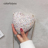 Heart Shape Evening Clutch Bag Sequin Mini Bridal Wedding Party Purses Chain Bag