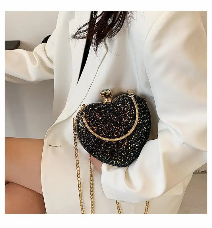 Heart Shape Evening Clutch Bag Sequin Women Mini Party Purses Chain Bag