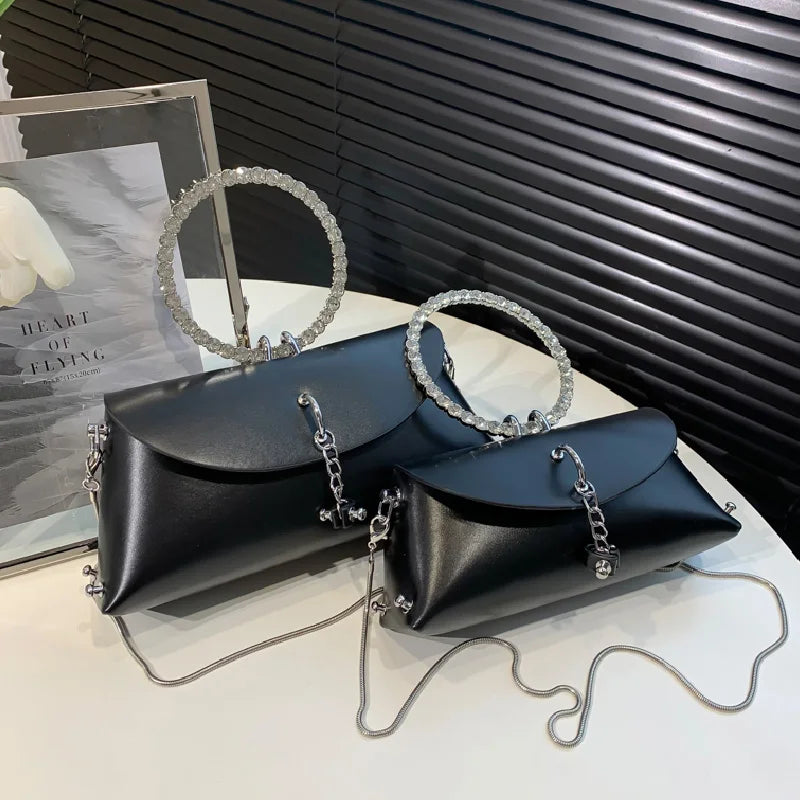 Rhinestone Ring Chain Shoulder Bag for Women Small Crossbody Bag