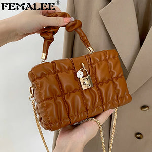 Puff Leather Lock Crossbody Bag Ruched Handle Shoulder Bag