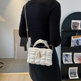 Puff Leather Lock Crossbody Bag Ruched Handle Shoulder Bag