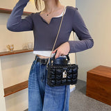 Puff Leather Lock Crossbody Bag Ruched Handle Shoulder Bag