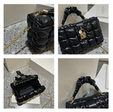 Puff Leather Lock Crossbody Bag Ruched Handle Shoulder Bag