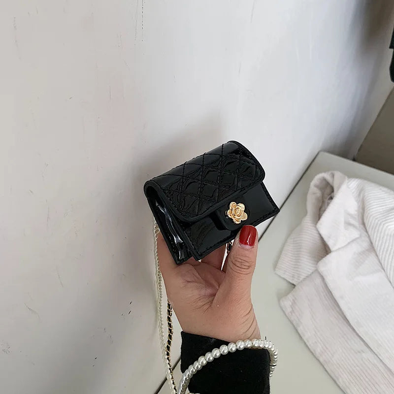 Patent Leather Neck Bag Camellia Rhombus Pearls Chest Waist Pack