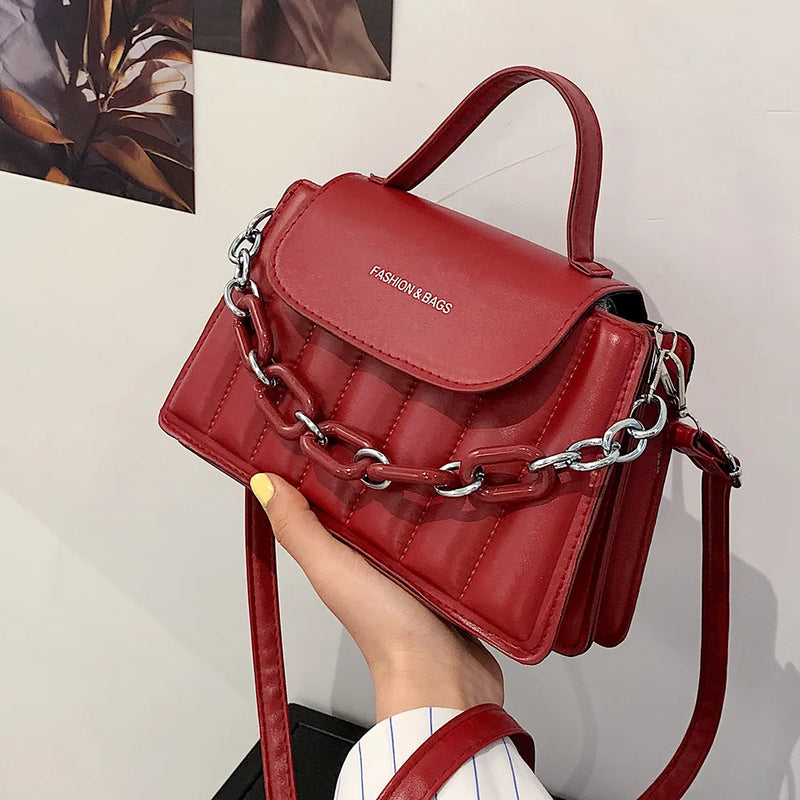 Plaid Women Shoulder Bag PU Leather Crossbody Bag Thick Chain Handle Bags
