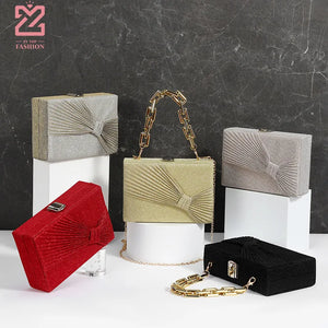 Shining Fabric Party Purse Bag Pleated Bow Mini Flap Ladies Prom Cocktail Weddin