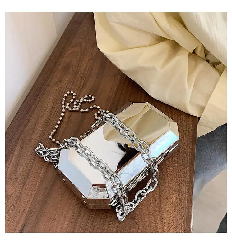 Silver Metal Box Bag Ladies Party Clutch Chain Purse Crossbody Mini Bag