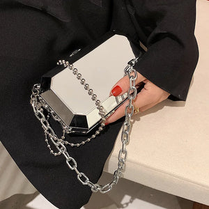 Silver Metal Box Bag Ladies Party Clutch Chain Purse Crossbody Mini Bag