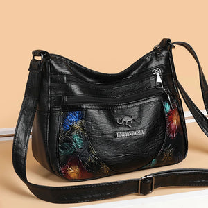 Women's Leather Messenger Shoulder Handbag Floral Multi-Pocket